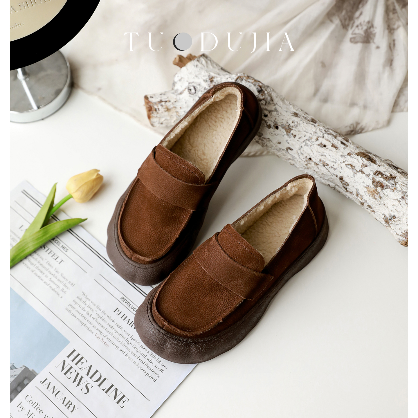 脱毒家牛皮加绒保暖低跟女鞋棉鞋