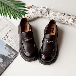 脱毒家 英伦风浅口圆头牛皮舒适单鞋真皮厚底乐福鞋复古女鞋新款