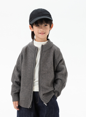 米修叻男童针织毛衣开衫外套秋冬 儿童纯色慵懒风上衣灰色毛线衫