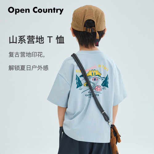 米修叻男童营地印花短袖T恤 夏季复古山系儿童户外休闲半袖夏款