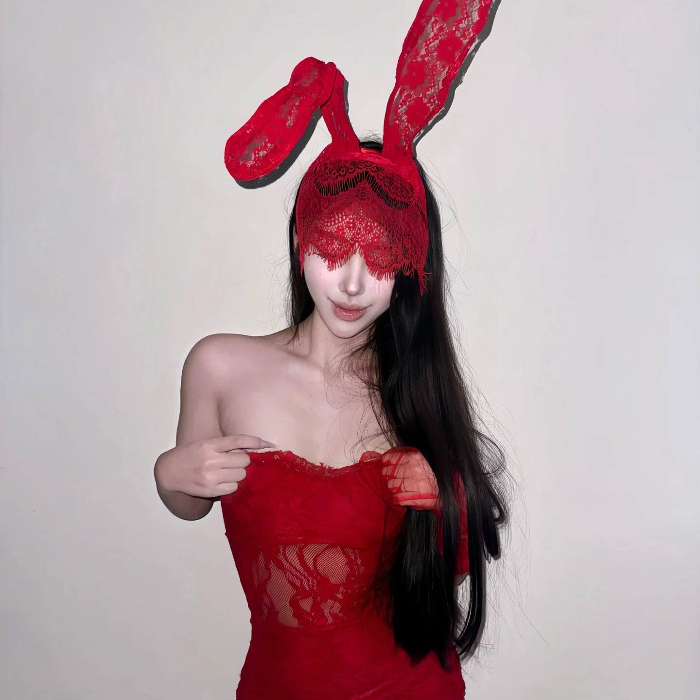 性感蕾丝长款兔耳朵发箍网红直播头饰发卡女头箍纯欲情调cos道具