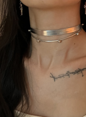 银色赛博朋克风choker辣妹双层项圈嘻哈项链小众设计感皮质颈带女