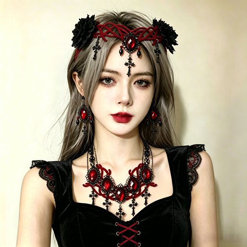 红黑哥特十字架花朵发带万圣节吸血鬼cos头饰复古舞会额饰发夹女