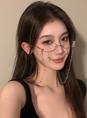 纯欲风网红眼镜框下半框眼镜女无镜片装饰带链条拍照道具流苏挂链