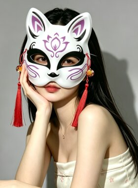 花脸猫狐狸面具国风半脸面罩神明彩绘万圣节酒吧cos拍照装扮道具
