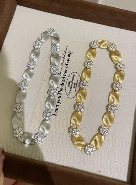 S925纯银豪镶拉丝缎带手链中古vintage轻奢高级绸锻花朵晶钻手饰