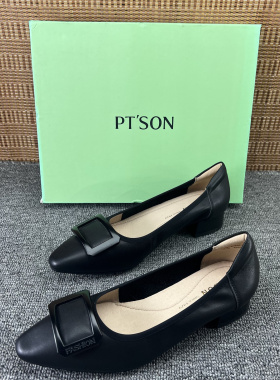 PT'SON百田森通勤风黑色牛皮浅口单鞋低跟套脚舒适尖头女鞋简约潮
