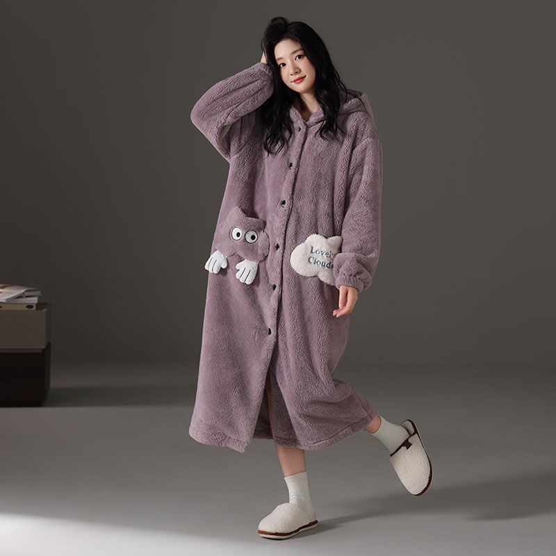 情侣睡袍女冬季珊瑚绒加绒保暖浴袍男士秋冬款法兰绒加厚连帽睡衣