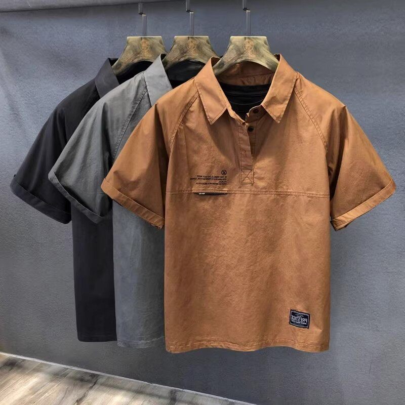 JAPANESE AMERICAN WORKWEAR POLO COLLAR SHIRT MENS SUMMER RETRO ICE SILK SHORT SLEEVE T-SHIRT TRENDY BRAND LAPEL HALF-SLEEVED SHIRT