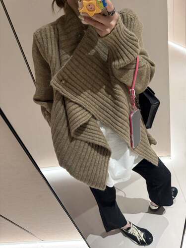 极简慵懒  时髦复古宽松大翻领两穿绵羊毛针织毛衣开衫上衣女