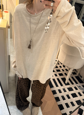 100%棉“地中海有机棉磨毛” 水洗做旧毛边全棉长袖T恤上衣女