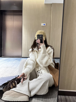 100%羊毛双拉链针织开衫宽松圈圈纱大翻领毛衣 高克重726克