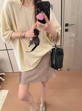 和纸纱亚麻 R*W风自然卷边宽松显瘦纸片人五分袖针织T恤上衣女