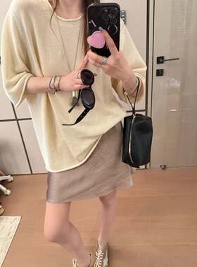 和纸纱亚麻 R*W风自然卷边宽松显瘦纸片人五分袖针织T恤上衣女