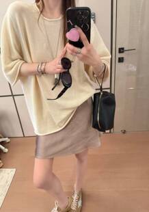 和纸纱亚麻 R*W风自然卷边宽松显瘦纸片人五分袖针织T恤上衣女