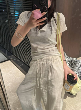 Ro极简风减龄坑条纽扣U领短袖修身显瘦白色打底t恤内搭上衣女夏