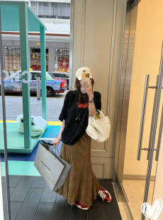 柔软麂皮绒面料 弧度破缝拼接立裁鱼尾裙长裙半身裙女 枯木棕