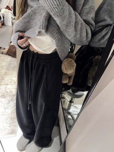 480g 抽绳宽松显瘦休闲裤 四道酵素水洗炭黑色加绒弯刀裤 卫裤