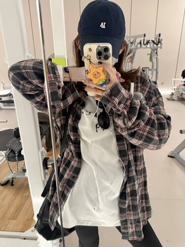 【vintage中古红灰格纹羊毛衬衫 】微褶皱肌理感宽松格纹衬衫女
