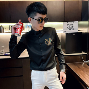 CS165 秋装社会小伙修身长袖衬衫男衬衣 黑图片