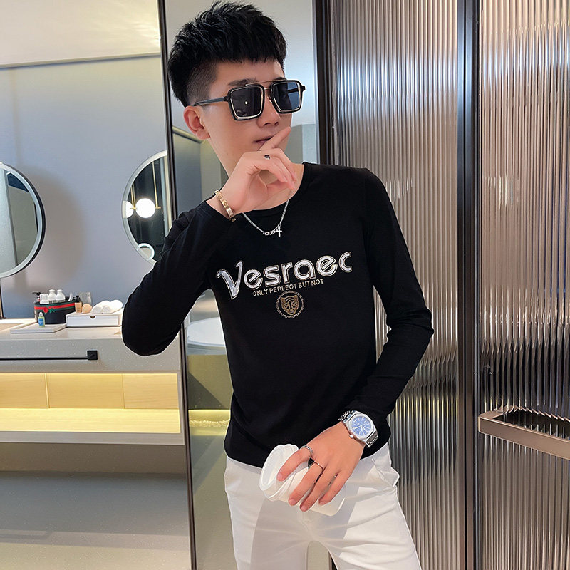T秋季社会小伙修身打底衫长袖T恤男潮流白1,男装T恤,电商A343