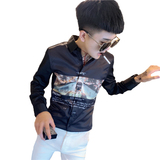 社会小伙修身印花长袖衬衫男衬衣黑A343-CS99-P65，男装衬衫，电商A343