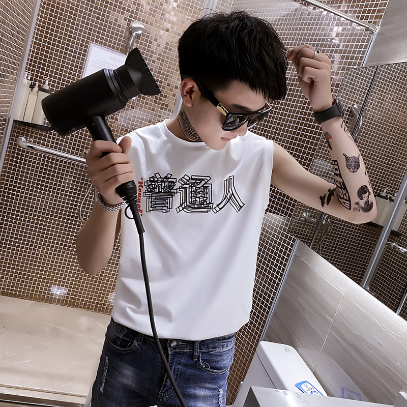 夏季背心男士无袖t恤社会小伙宽松汗衫坎肩A343-BX12-P35黑,男装背心/马甲,电商A343