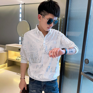 CS146-P58 控78 社会小伙印花套头七分袖衬衫花衬衣男潮 黑1图片