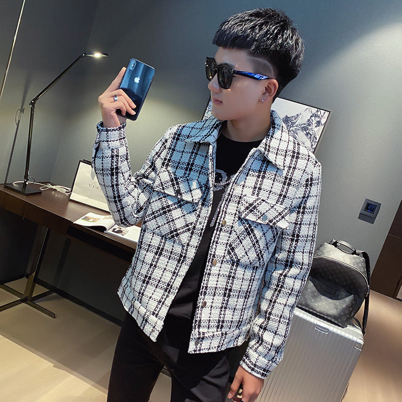秋季男外套ins网红社会小伙格子夹克 A343-JK50-P105 控128 白图片