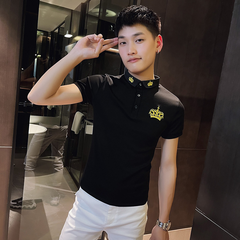 2021新款社会小伙修身刺绣短袖polo衫A343-PL56-P45控65黑1，男装Polo衫，电商A343