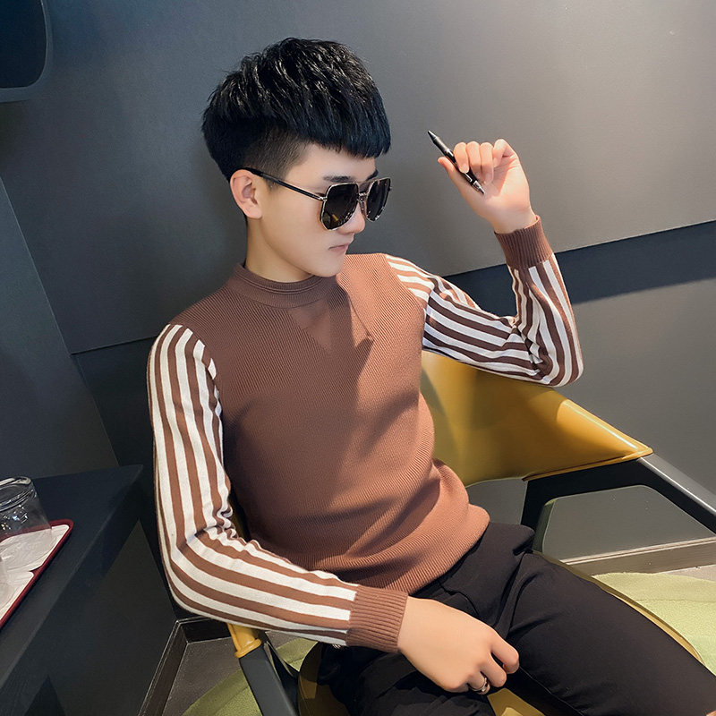 社会小伙条纹拼接针织加厚半高领毛线衣男潮A343-MY91-P75咖1,男装针织衫/毛衣,电商A343