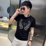 TX255-P45控65夏季短袖T恤衫社会小伙修身烫钻半袖tee潮黑色，男装T恤，电商A343