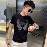 TX255-P45控65夏季短袖T恤衫社会小伙修身烫钻半袖tee潮白色，男装T恤，电商A343