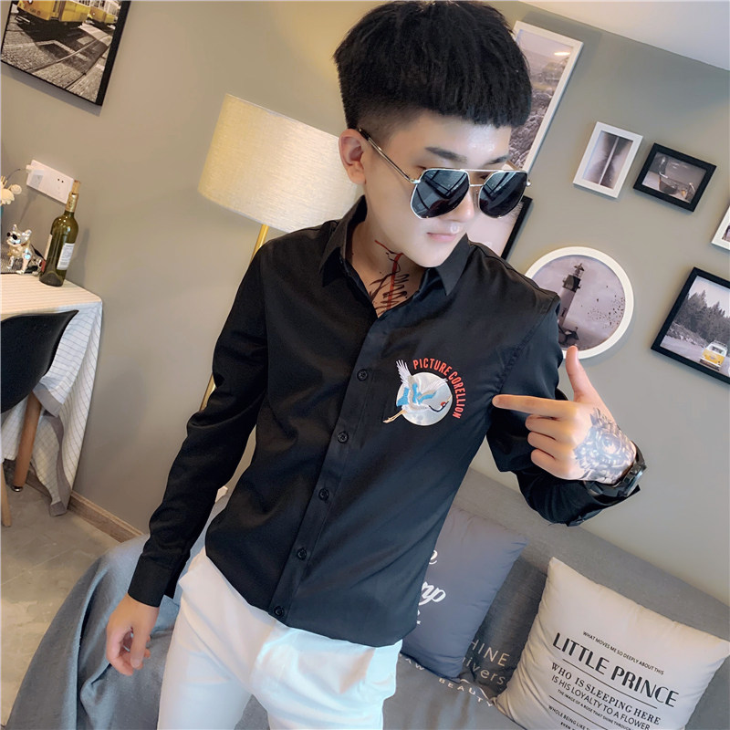 社会小伙修身刺绣印花长袖衬衫男衬衣黑a343-CS100-P65,男装衬衫,电商A343