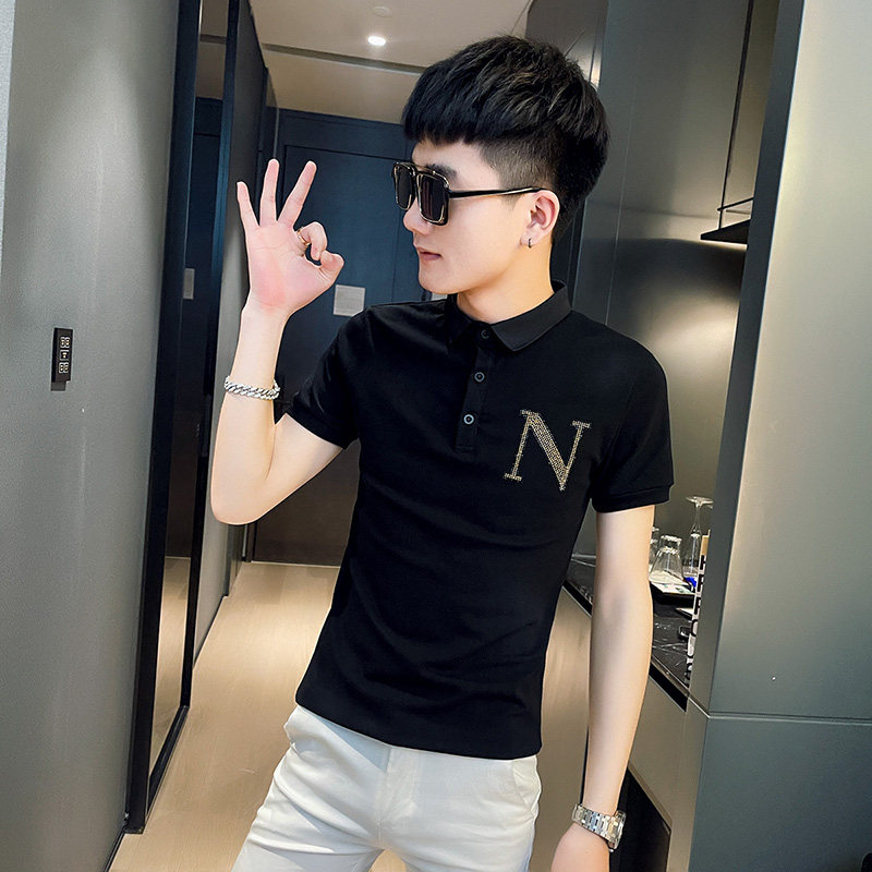 PL73社会精神小伙修身刺绣短袖polo衫黑1,男装Polo衫,电商A343