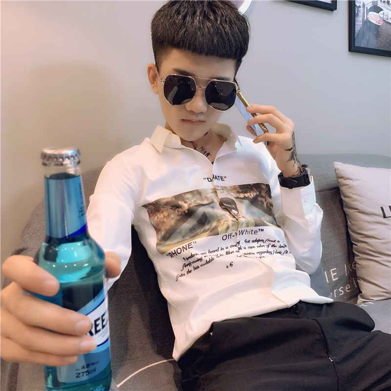 社会小伙修身印花长袖衬衫男衬衣黑A343-CS99-P65,男装衬衫,电商A343