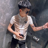 夏季条纹修身短袖POLO衫男社会小伙半袖t恤A343-PL49-P45黑，男装Polo衫，电商A343