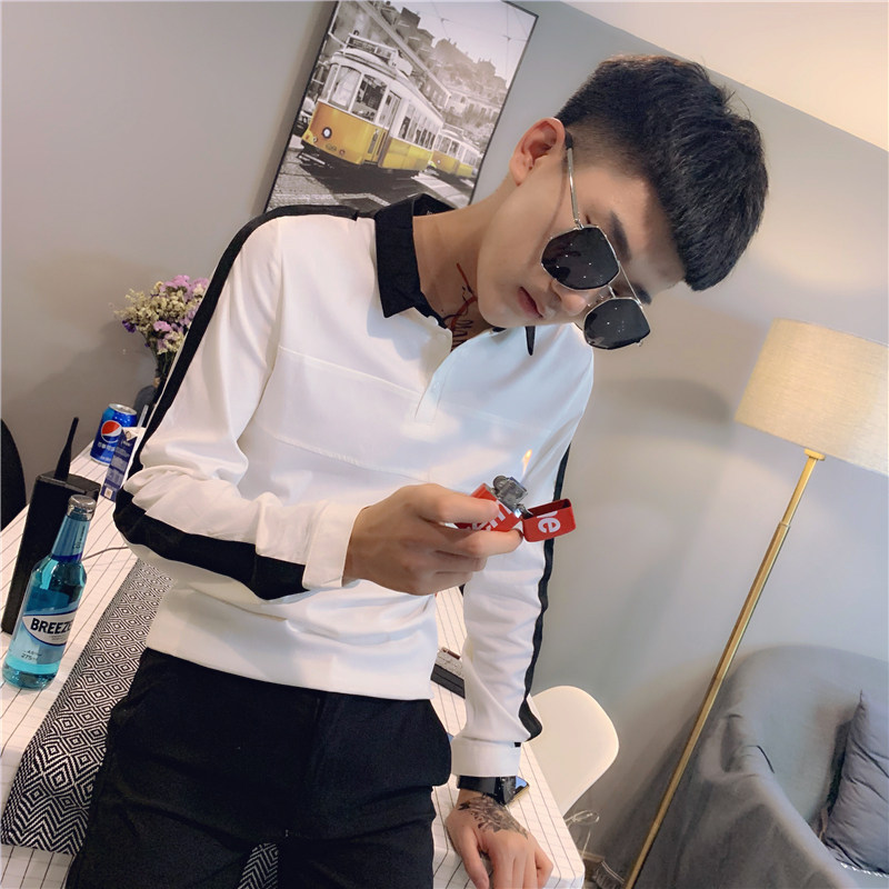 社会精神小伙修身拼色长袖衬衫男衬衣白A343-CS66-P60,男装衬衫,电商A343