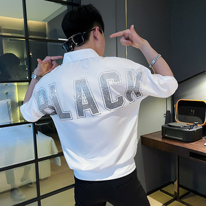 CS161 社会小伙印花套头七分袖衬衫衬衣男潮 白,男装衬衫,电商A343