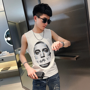 B 夏季背心男士无袖t恤社会小伙宽松汗衫坎肩 黑1图片