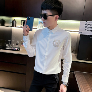 CS165 秋装社会小伙修身长袖衬衫男衬衣 白1图片