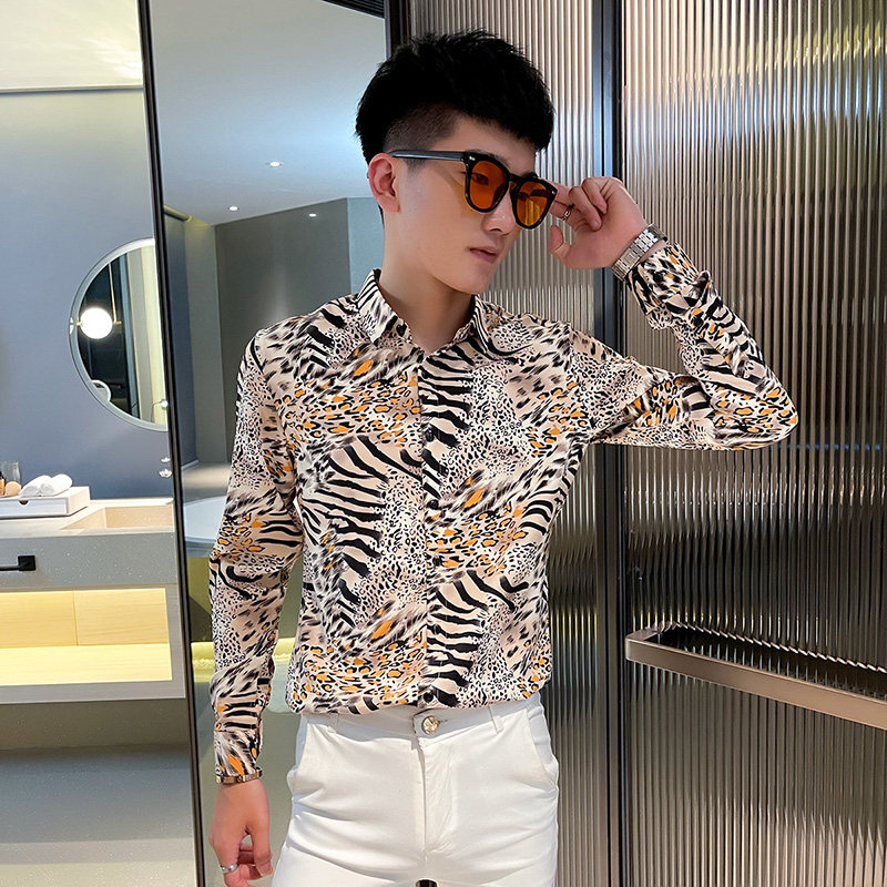CS164 秋装社会小伙豹纹修身长袖衬衫男衬衣 黄图片