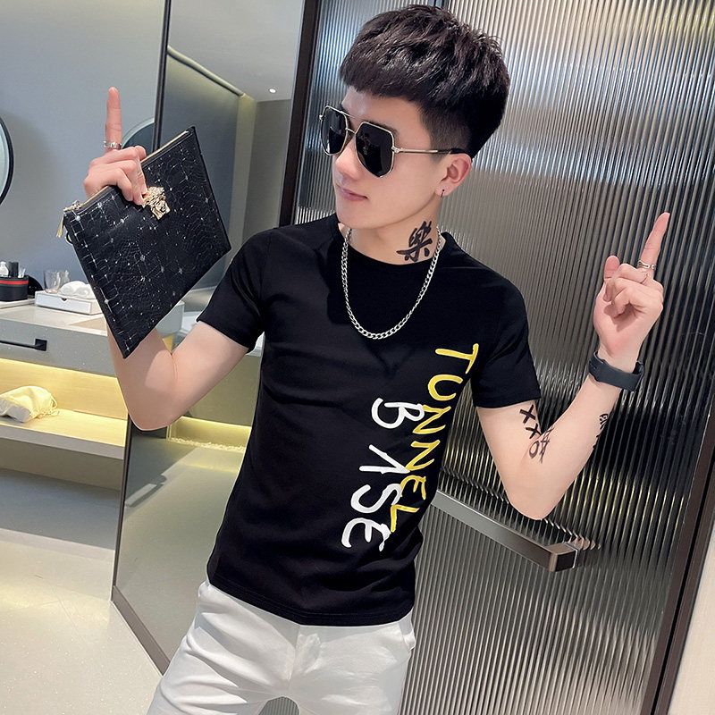 TX261-P38控58夏季短袖T恤衫社会小伙修身印花半袖tee潮黑色,男装T恤,电商A343