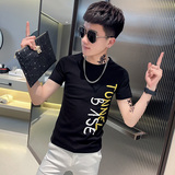 TX261-P38控58夏季短袖T恤衫社会小伙修身印花半袖tee潮黑色，男装T恤，电商A343