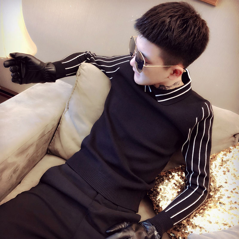 男毛衣新款男拼色修身条纹翻领假两件针织衫(桔色)502-MY26-P68,男装针织衫/毛衣,电商A343