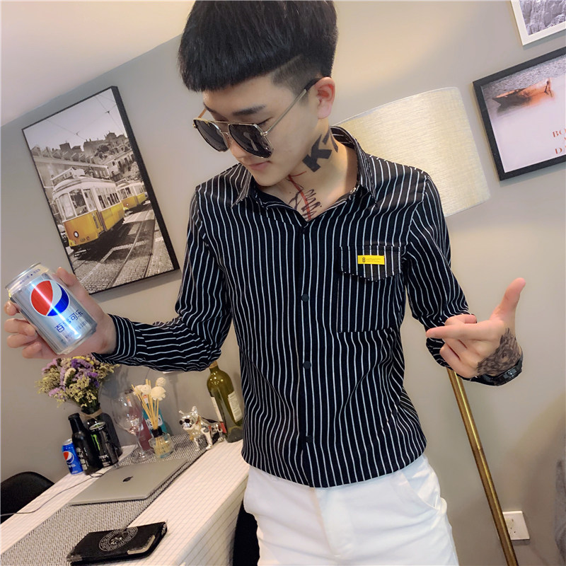 社会精神小伙修身条纹长袖衬衫男衬衣白A343-CS102-P60,男装衬衫,电商A343