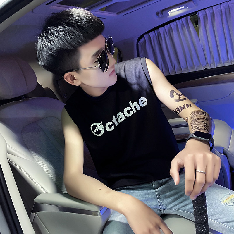 夏季背心男士无袖t恤社会小伙宽松汗衫坎肩A343-BX10-P35黑色,男装背心/马甲,电商A343