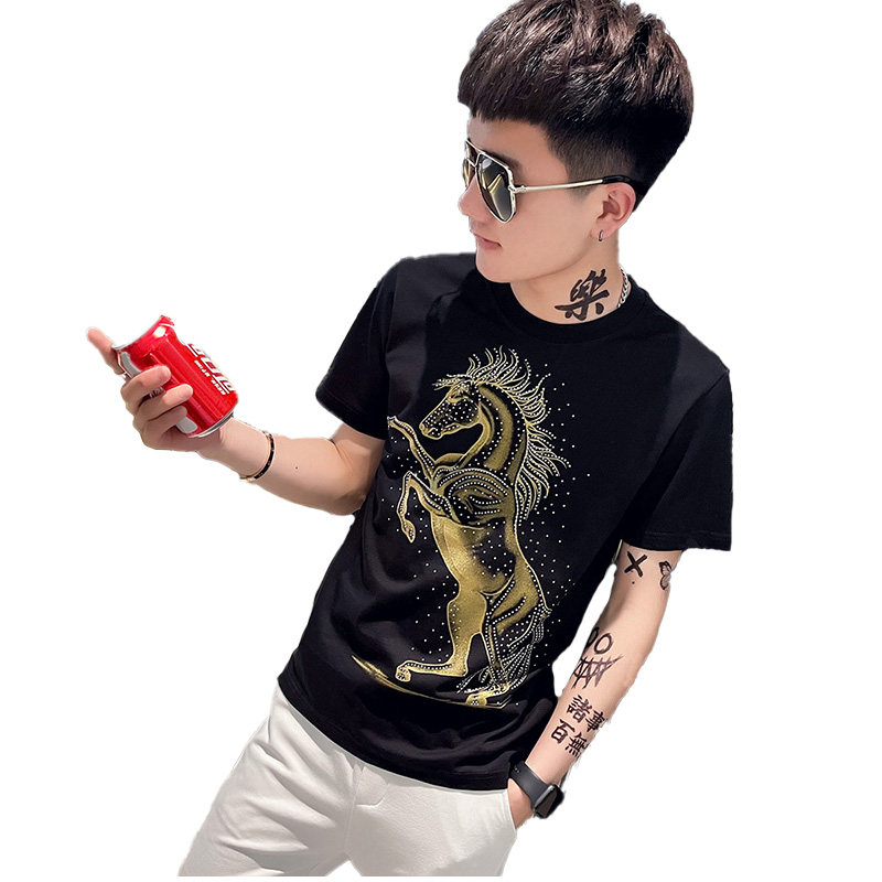 TX253-P45控65夏季短袖T恤衫社会小伙修身烫钻半袖tee潮白色1,男装T恤,电商A343