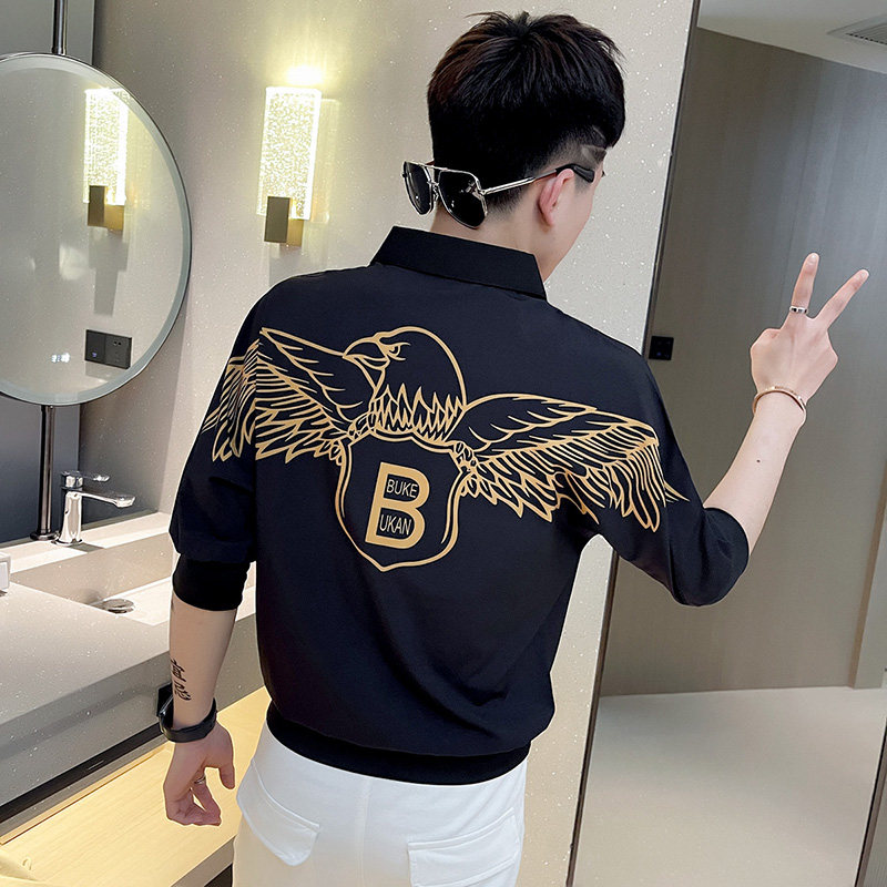 CS148-P58控78社会小伙印花套头七分袖衬衫花衬衣男潮白,男装衬衫,电商A343