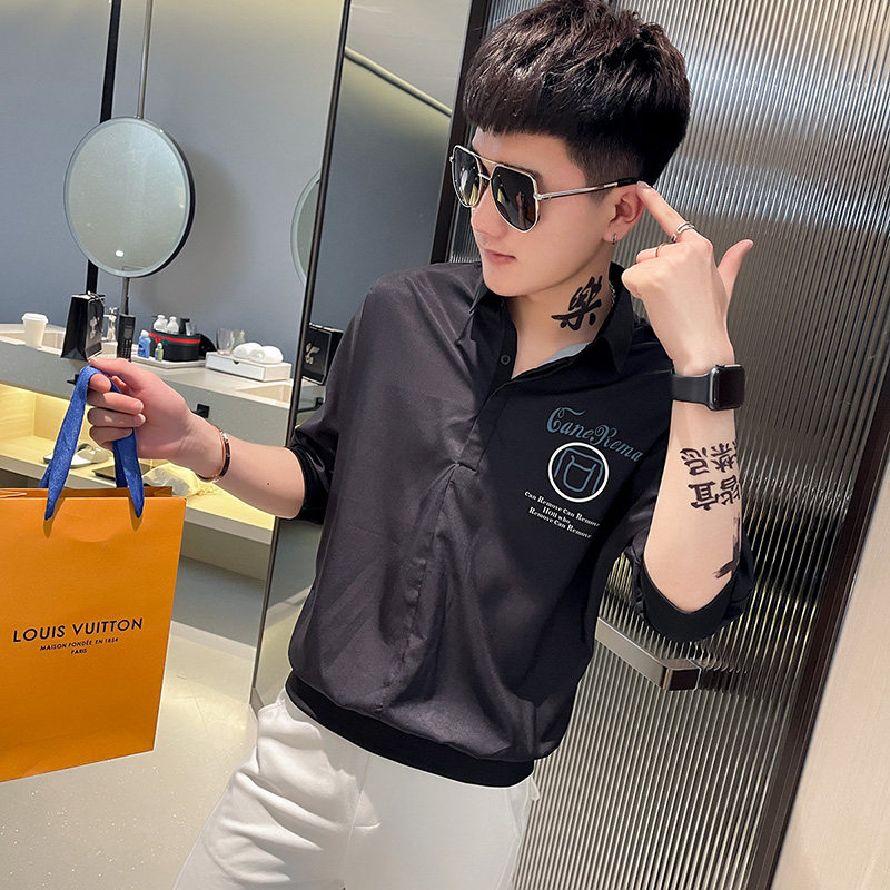 CS145-P58控78社会小伙印花套头七分袖衬衫花衬衣男潮白,男装衬衫,电商A343